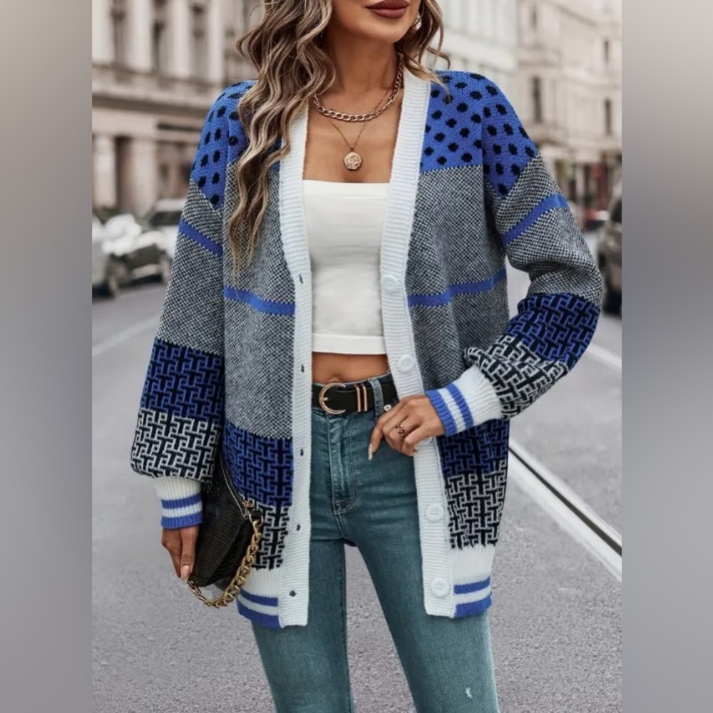 Color Block Geo Print Knit Cardigan Long Sleeve Button Front. Size: Various - Picture 2 of 7